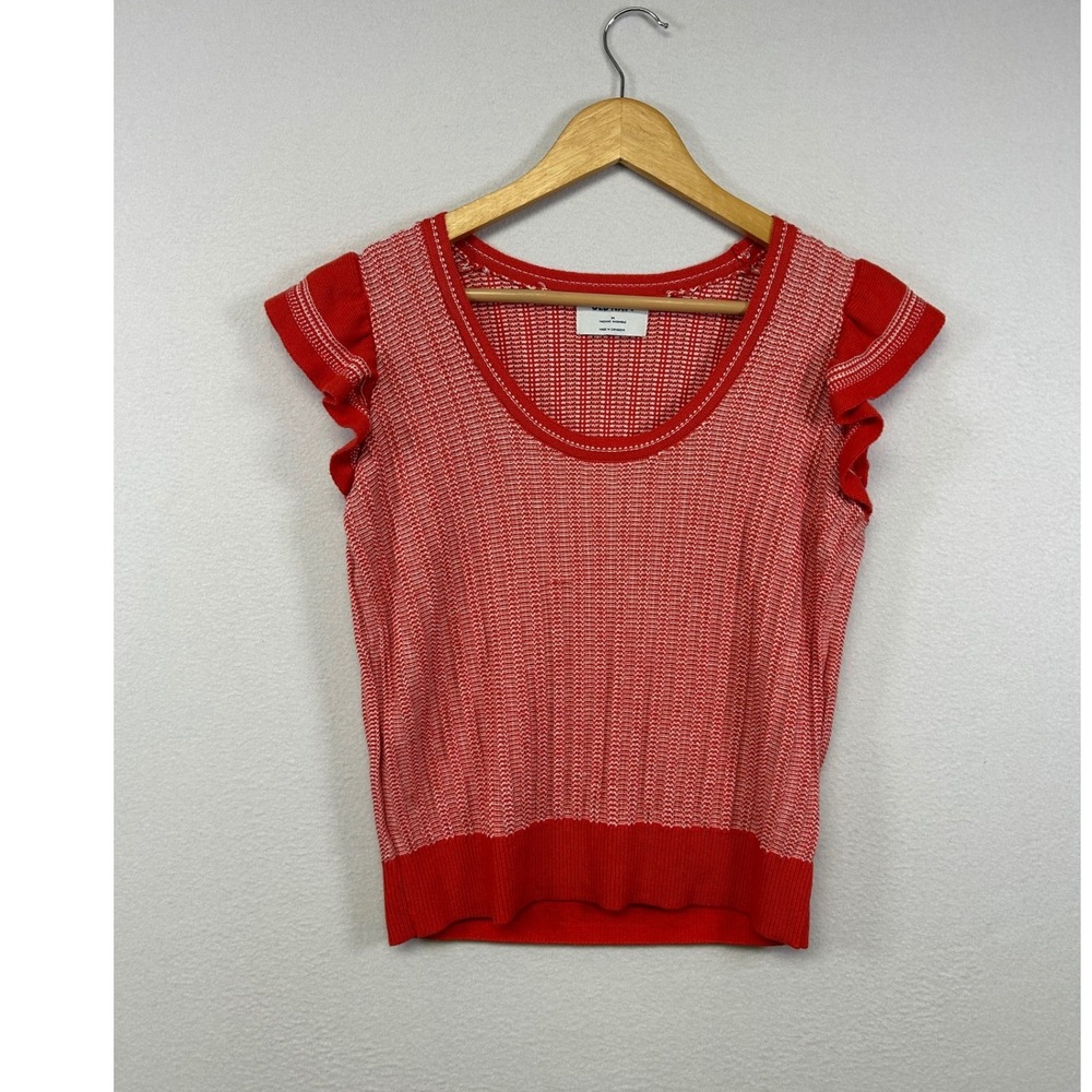 Coquette Old Navy Womens Medium Red White Ruffle Cap Sleeve‎ Knit Scoop Neck Top